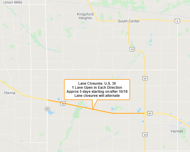 U.S. 30 to be reduced to one lane in each direction